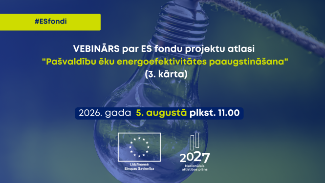 Grafiska afiša par ES fondu vebināru. Uz tumši zila fona redzama stikla spuldze, simbolizējot energoefektivitāti.