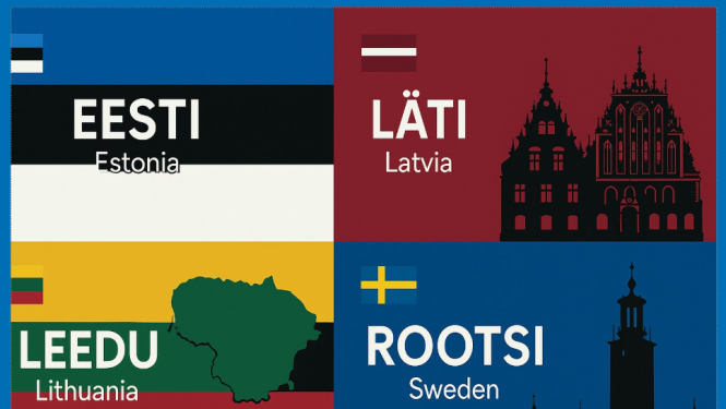 Četri kvadranti ar Igaunijas, Latvijas, Lietuvas un Zviedrijas karogiem un simboliem: augšējā kreisajā – Igaunijas karogs ar uzrakstiem 'EESTI' un 'Estonia'; augšējā labajā – Latvijas karogs ar uzrakstiem 'LÄTI' un 'Latvia' un Rīgas Melngalvju nama siluetu; apakšējā kreisajā – Lietuvas karogs ar uzrakstiem 'LEEDU' un 'Lithuania' un valsts kontūru; apakšējā labajā – Zviedrijas karogs ar uzrakstiem 'ROOTSI' un 'Sweden' un Stokholmas rātsnama siluetu