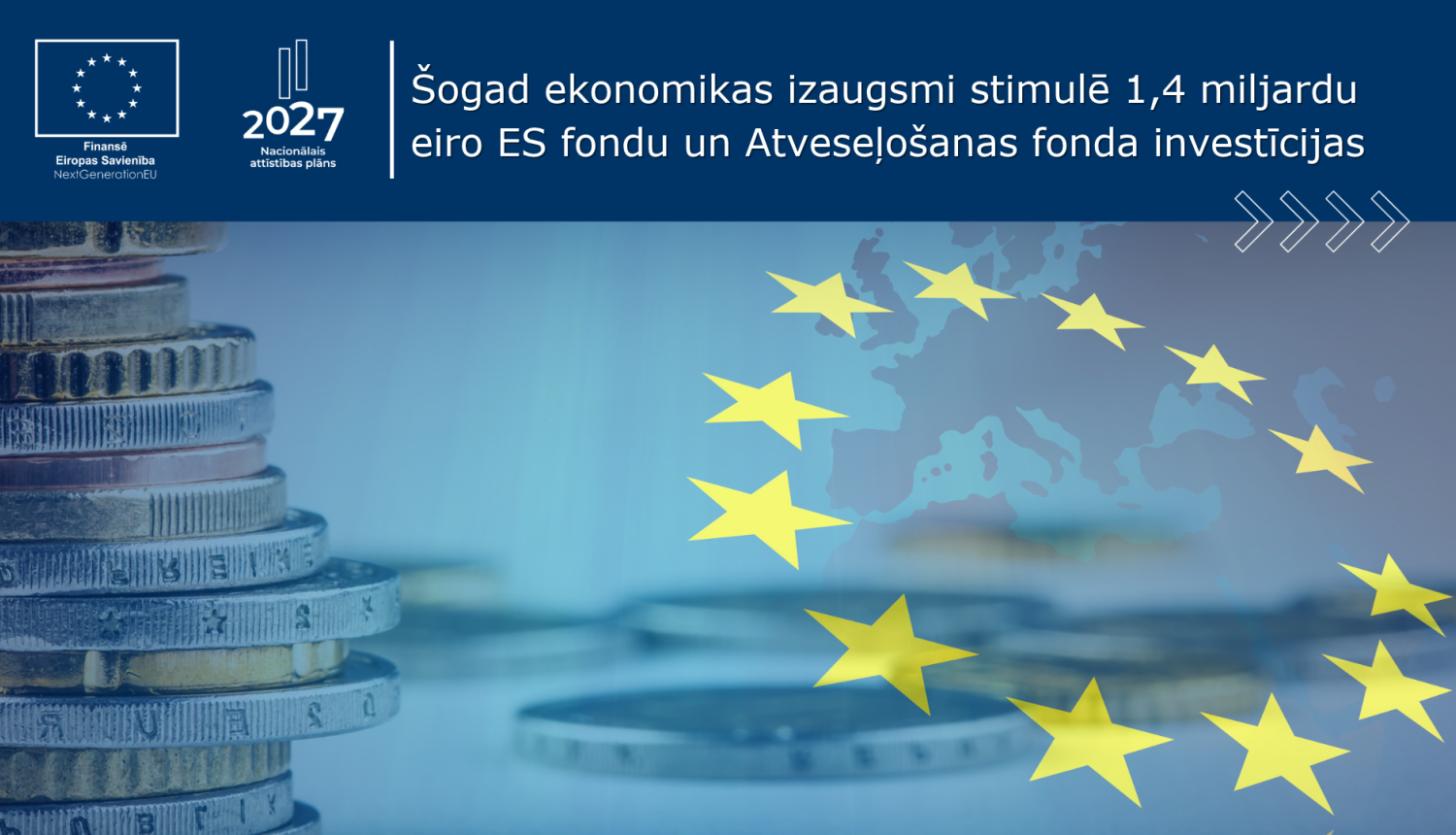 Ilustrācija par ES fondu investīcijām ar eiro monētu attēlu un Eiropas Savienības zvaigznēm.