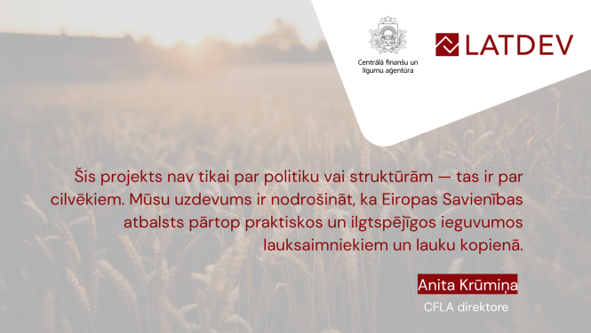 Ziņas vizuālis, direktores citāts, logo augšējā labajā stūrī, latviešu valodā