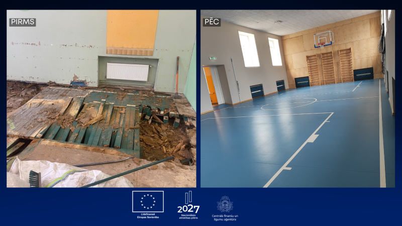 Lūzenieku pamatskolas sporta zāles remonts pirms un pēc