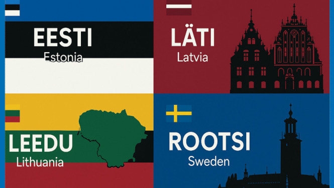 Četri kvadranti ar Igaunijas, Latvijas, Lietuvas un Zviedrijas karogiem un simboliem: augšējā kreisajā – Igaunijas karogs ar uzrakstiem 'EESTI' un 'Estonia'; augšējā labajā – Latvijas karogs ar uzrakstiem 'LÄTI' un 'Latvia' un Rīgas Melngalvju nama siluetu; apakšējā kreisajā – Lietuvas karogs ar uzrakstiem 'LEEDU' un 'Lithuania' un valsts kontūru; apakšējā labajā – Zviedrijas karogs ar uzrakstiem 'ROOTSI' un 'Sweden' un Stokholmas rātsnama siluetu