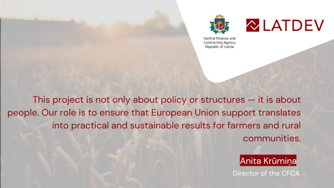 Ziņas vizuālis, direktores citāts, logo augšējā labajā stūrī, angļu valodā