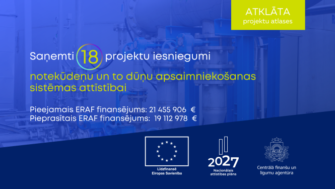 Informatīvs attēls par atklātu projektu atlasi notekūdeņu un to dūņu apsaimniekošanas sistēmas attīstībai.