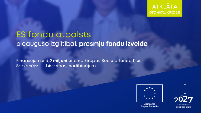 "Reklāmas attēls par ES fondu atbalstu pieaugušo izglītībai Latvijā, kurā informē par projektu atlasi prasmju fondu izveidei ar finansējumu 4,9 miljoni eiro no Eiropas Sociālā fonda Plus. Attēlā redzami arī ES un Nacionālā attīstības plāna 2027 logotipi