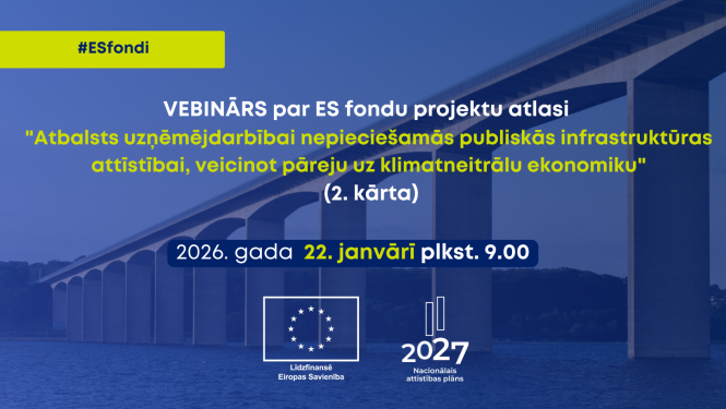 Vebināra plakāts ar datumu, nosaukumu un finansējuma avotu