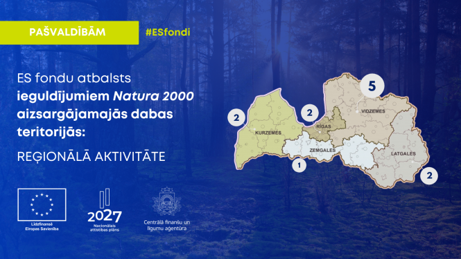 Attēlā redzama Latvijas karte ar piecām reģionālajām aktivitātēm Natura 2000 aizsargājamās dabas teritorijās, kuras atbalsta ES fondi. Karte ir sadalīta piecos reģionos: Kurzeme (2 aktivitātes), Rīgas reģions (2), Zemgale (1), Vidzeme (5) un Latgale (2). Attēlā iekļauti ES fondu un Centrālās finanšu un līgumu aģentūras logotipi, kā arī uzraksti “Pašvaldībām”, “#ESfondi”, “ES fondu atbalsts ieguldījumiem Natura 2000 aizsargājamās dabas teritorijās: REĢIONĀLĀ AKTIVITĀTE” un “2027 Nacionālā attīstības plāns"