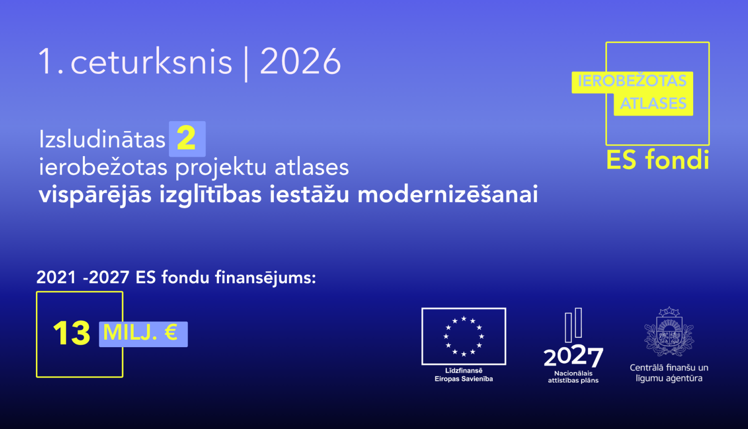 2026. gada 1. cet. izsudinātas 2 ierobežotas atlases par 13 milj. 