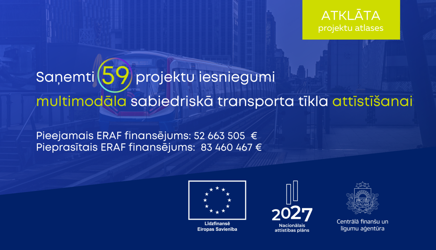 Informatīvs attēls par atklātu projektu atlasi multimodāla sabiedriskā transporta tīkla attīstībai.