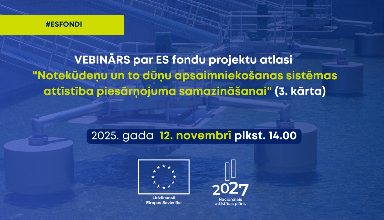 Baneris ar semināru datumiem un atlases informāciju, gaišs fons, uzņēmuma logotips augšējā stūrī.