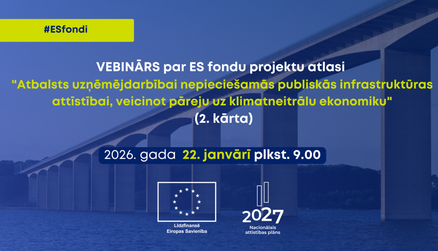 Vebināra plakāts ar datumu, nosaukumu un finansējuma avotu