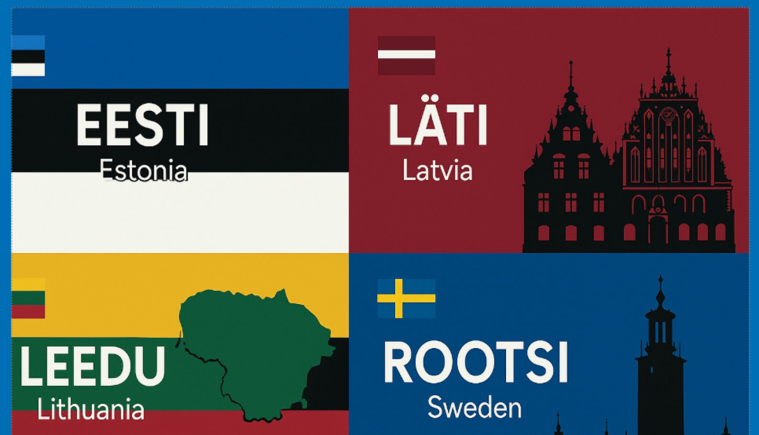 Četri kvadranti ar Igaunijas, Latvijas, Lietuvas un Zviedrijas karogiem un simboliem: augšējā kreisajā – Igaunijas karogs ar uzrakstiem 'EESTI' un 'Estonia'; augšējā labajā – Latvijas karogs ar uzrakstiem 'LÄTI' un 'Latvia' un Rīgas Melngalvju nama siluetu; apakšējā kreisajā – Lietuvas karogs ar uzrakstiem 'LEEDU' un 'Lithuania' un valsts kontūru; apakšējā labajā – Zviedrijas karogs ar uzrakstiem 'ROOTSI' un 'Sweden' un Stokholmas rātsnama siluetu