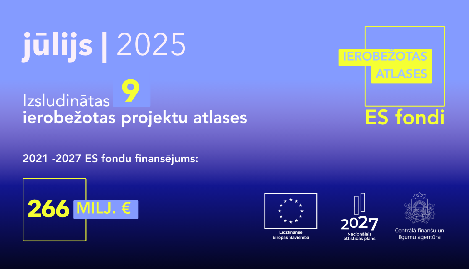 jūlijā izsludinātas 9 ierobežotas atlases par 288 miljoniem